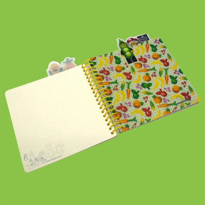 Spiral notebook with colorful farmers market illustration on cover