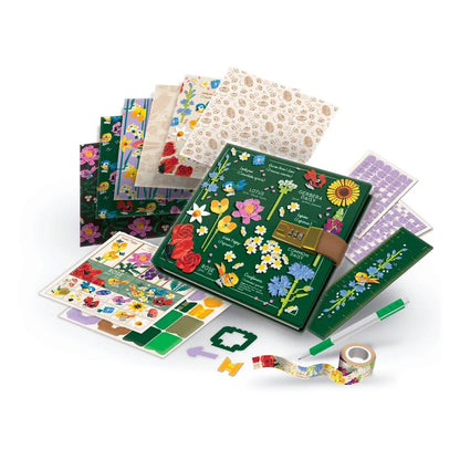 Botanical diary set with lock, multiple floral notebooks, stickers, and decorative tape