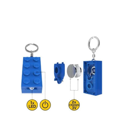 Blue brick keychain light with metal keyring and stud details