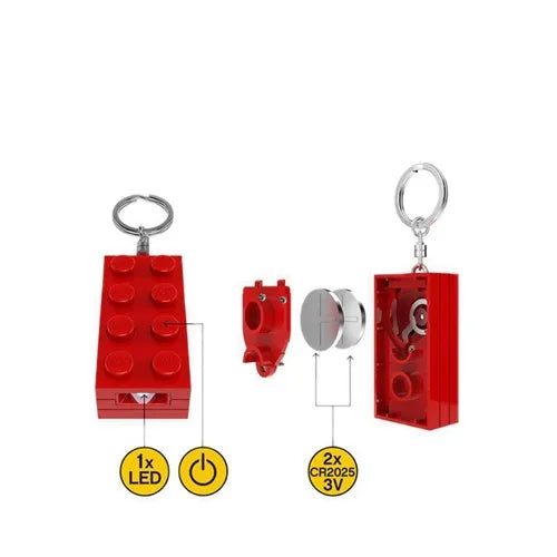 Red LEGO-style brick keychain light with metal ring and small LED