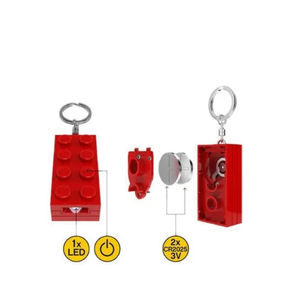 Red LEGO-style brick keychain light with metal ring and small LED