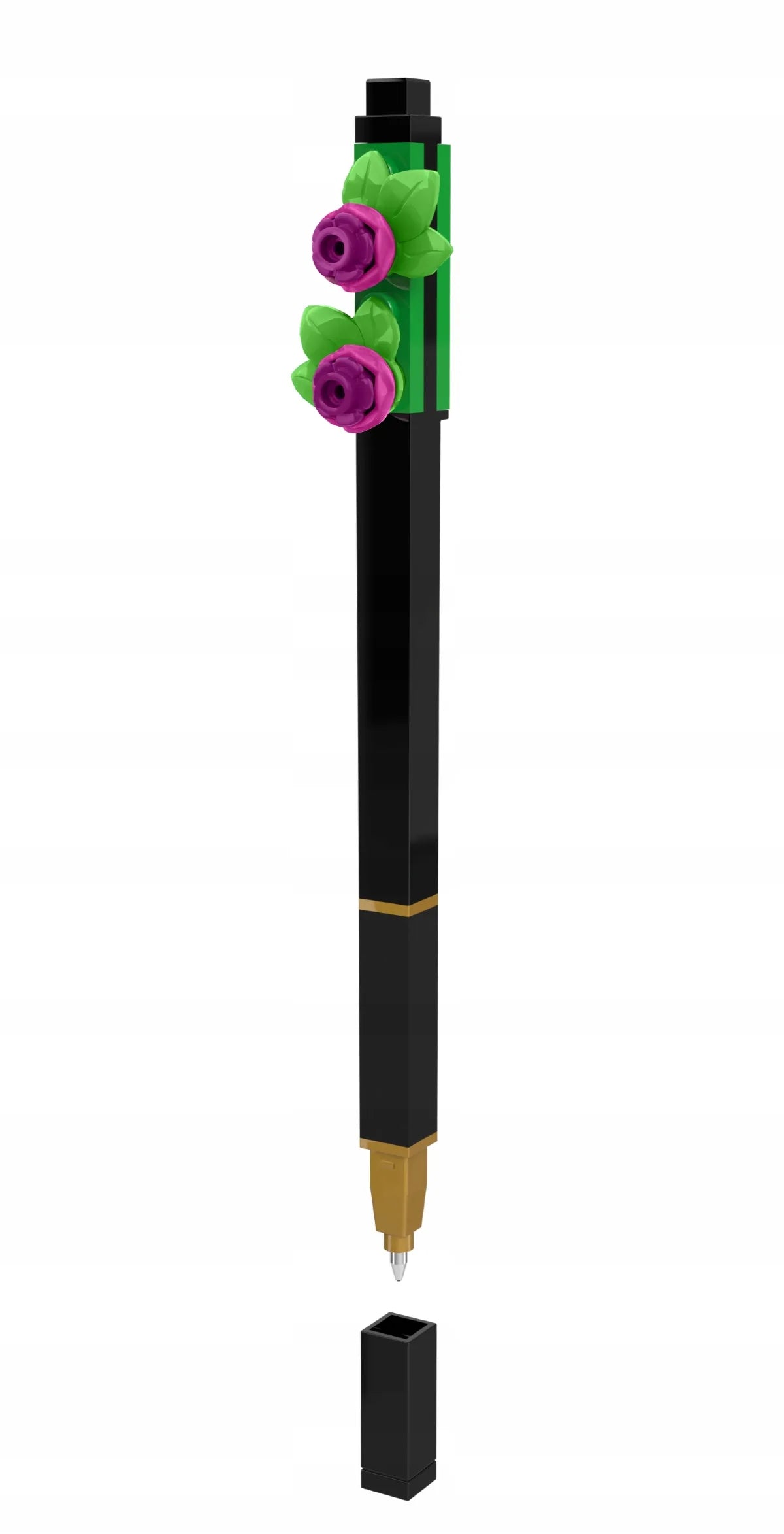 Black gel pen with fuchsia flower accents and green leaves, upright with cap