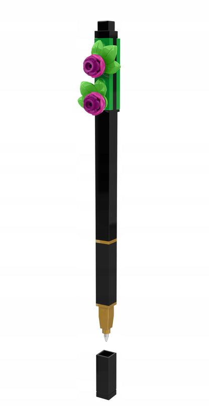 Black gel pen with fuchsia flower accents and green leaves, upright with cap