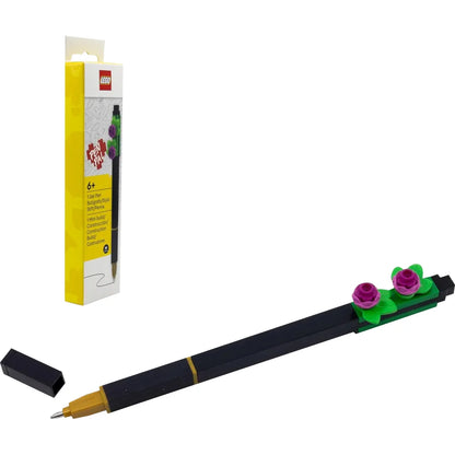 Black gel pen with fuchsia flower and green leaf cap, fine tip extended