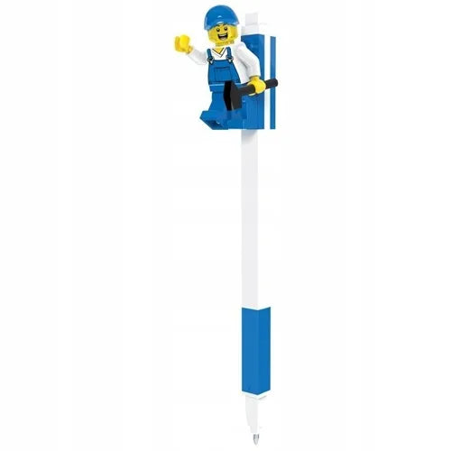 Blue gel pen with minifigure topper, white and blue build, clear clip