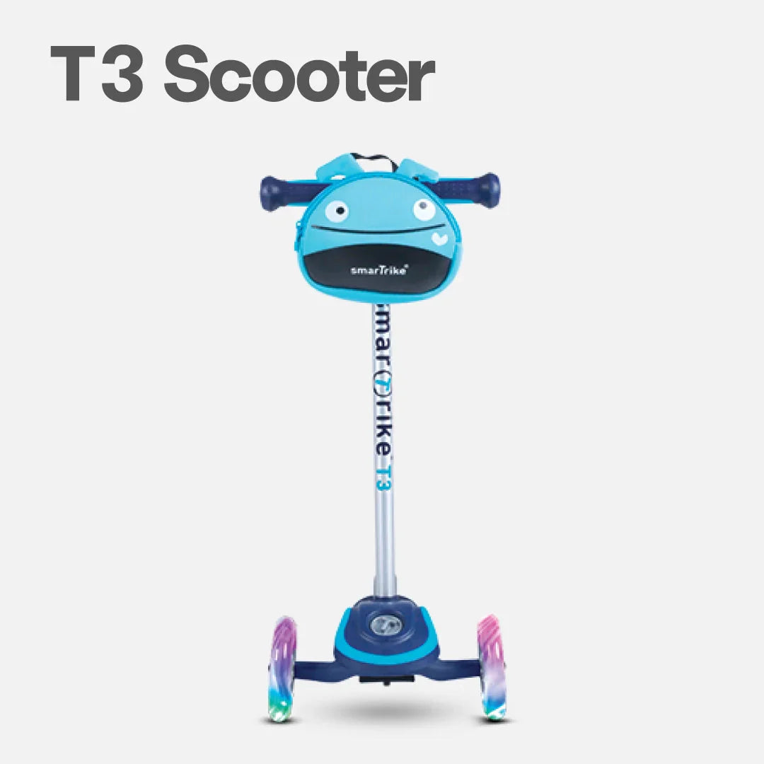 Blue T3 scooter front view with character pod and glowing wheel lights