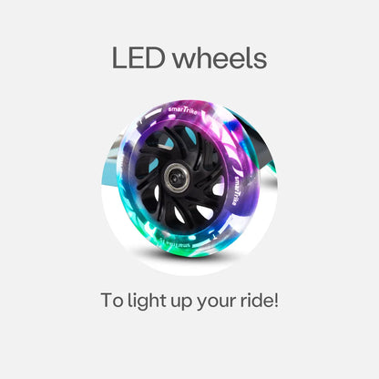 LED wheels on the scooter with multicolor glowing rim