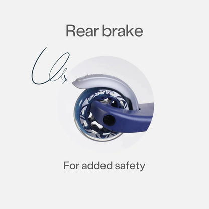 Rear brake and rear wheel on the blue scooter