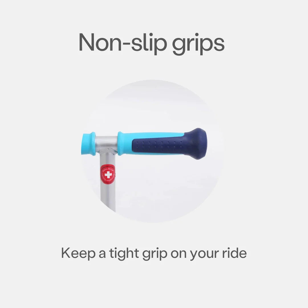 Non-slip grip handles on the blue scooter with textured black grips