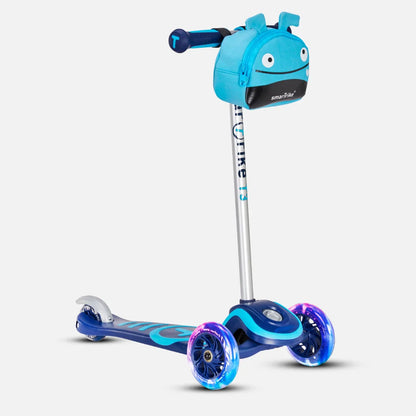 Blue T3 scooter with character front pod and glowing LED wheels