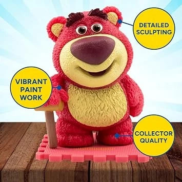 Red bear-themed blind box mini figure with sculpted face on pink base