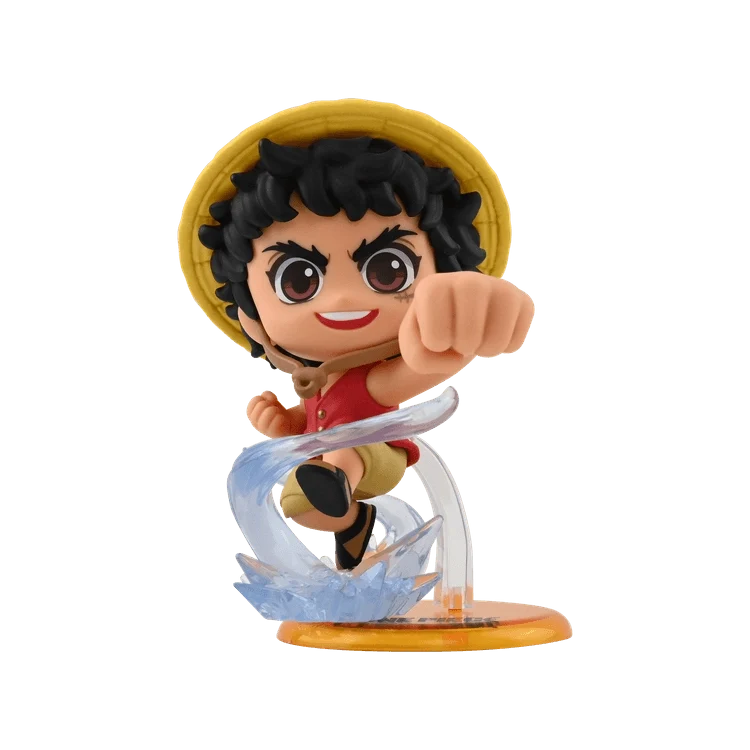 Collectible anime figure with straw hat, red vest, and curved sword, posed with raised fist