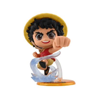 Collectible anime figure with straw hat, red vest, and curved sword, posed with raised fist