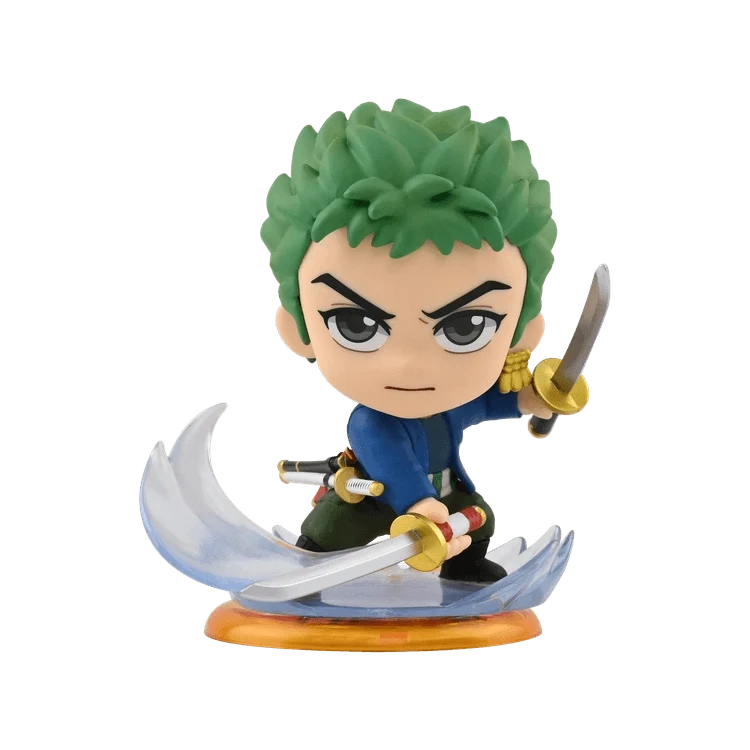 Collectible anime figure with green spiky hair and blue outfit, holding sword on round base
