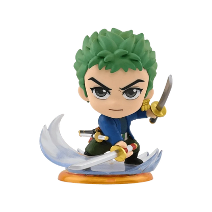 Collectible anime figure with green spiky hair and blue outfit, holding sword on round base