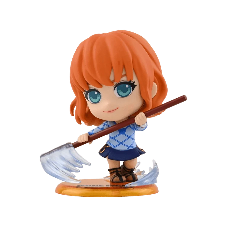 Collectible anime figure with orange hair and blue outfit, holding sword on round base