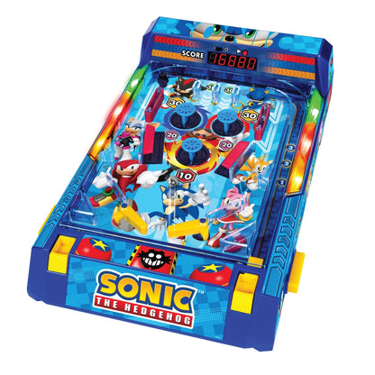 Sonic pinball arcade game with blue playfield, score display, and character artwork