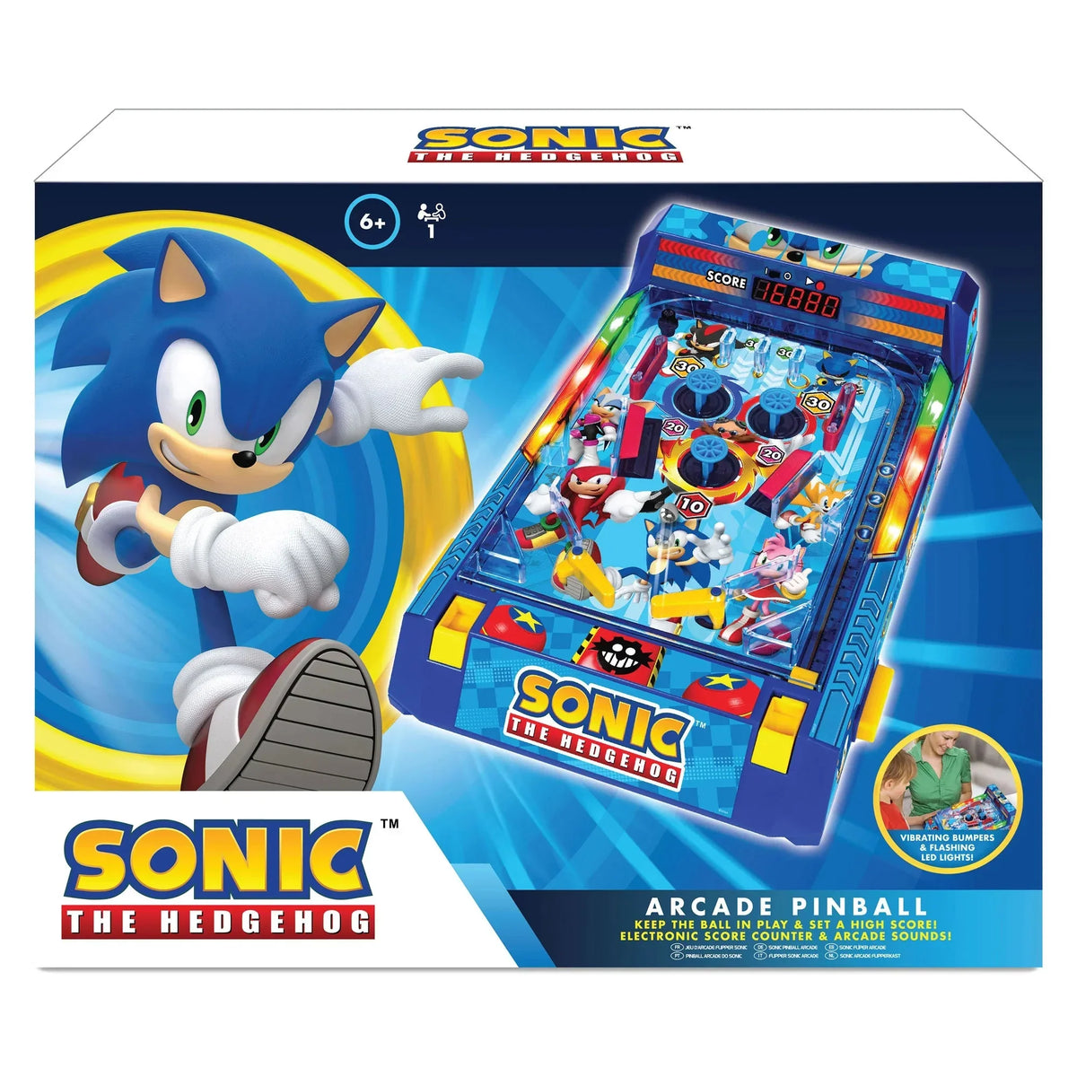 Boxed Sonic arcade pinball game with character artwork and playfield window