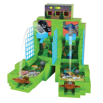 Green block-style arcade basketball toy with two player figures and scoreboard display