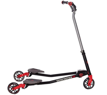 Ski scooter with black deck and red wheels, silver frame, front handlebar