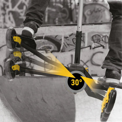 Ski scooter angled for a 30° ride, black deck with red wheels