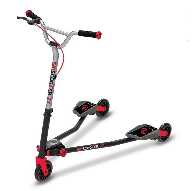 Ski scooter with black deck, red wheels, and silver handlebar with grips