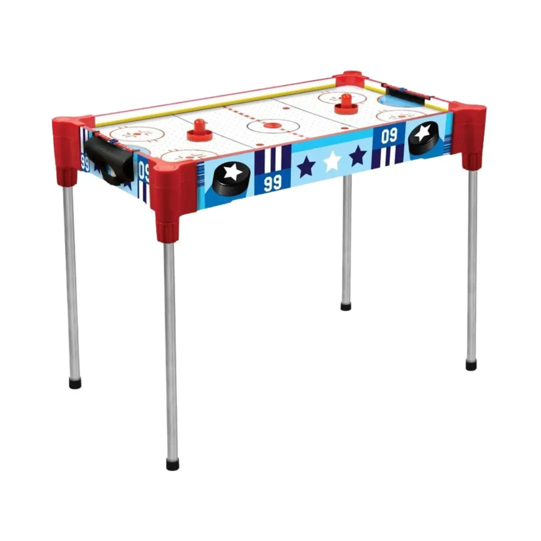 Red tabletop air hockey table with white playfield and blue star graphics
