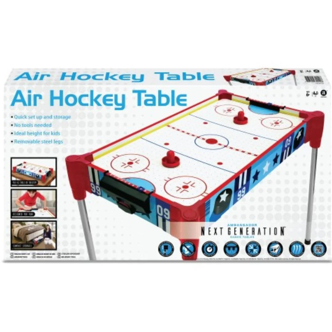 Air hockey table box featuring red table, white playfield, and blue star panel