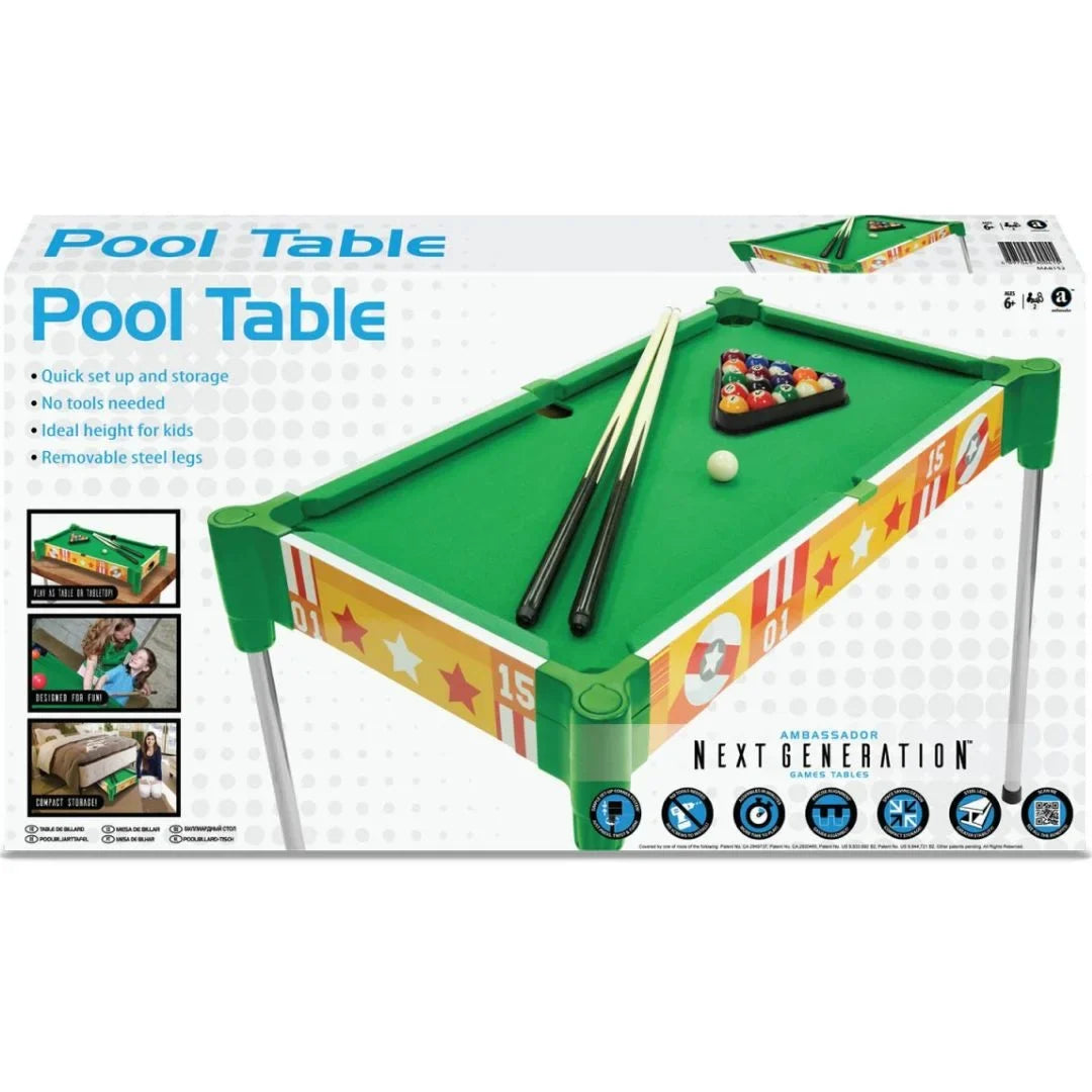Green tabletop pool table with cues and ball set, 82 cm
