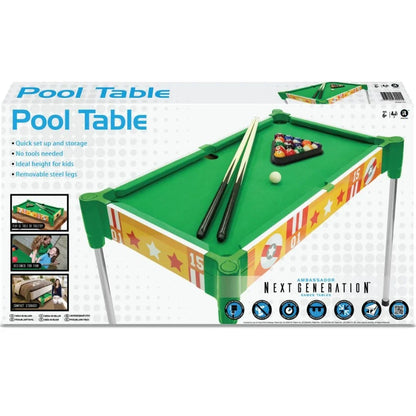 Green tabletop pool table with cues and ball set, 82 cm