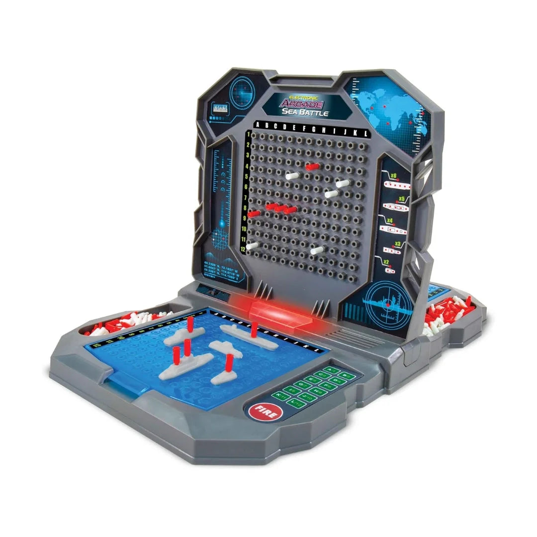 Electronic arcade-style sea battle game with blue playfield, gray frame, and peg grid
