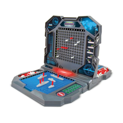 Electronic arcade-style sea battle game with blue playfield, gray frame, and peg grid