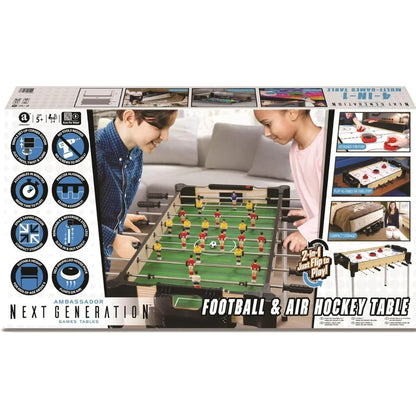 2-in-1 football and hover puck air hockey table retail box with game images and features