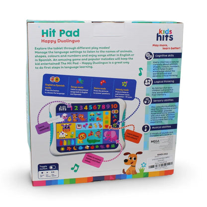 Educational learning pad toy in retail box, colorful keyboard graphic