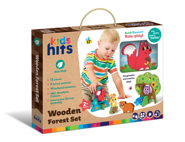 Boxed kids wooden forest set with animal character pieces for role-play