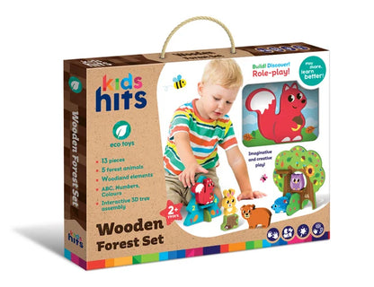 Boxed kids wooden forest set with animal character pieces for role-play