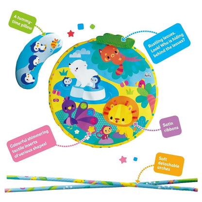 Round activity play mat with farm animal print, satin ribbons, and dangling toys