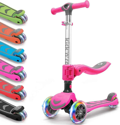Foldable scooter with pink frame, rainbow graphic deck, light-up wheels and pink handlebar grips