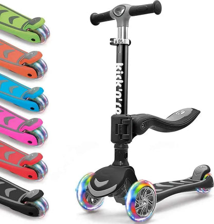 Foldable scooter with black frame, rainbow graphic deck, light-up wheels and handlebar grips