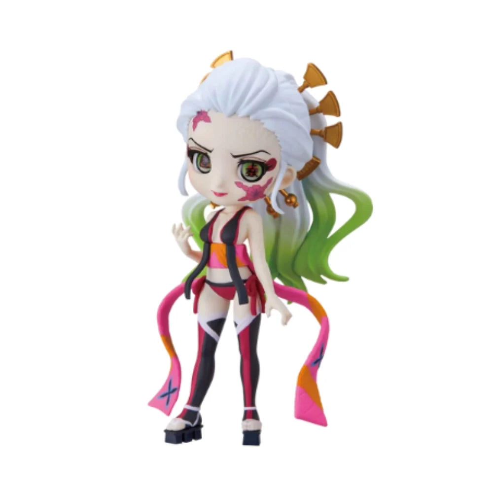 Anime figure with white hair, green ends, pink-and-black outfit, horned accessories