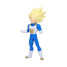 Vegeta action figure, blue bodysuit with white chest armor, spiky blond hair, yellow boots
