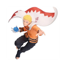 Banpresto Naruto Uzumaki figure crouching in orange/black suit with large white red cape