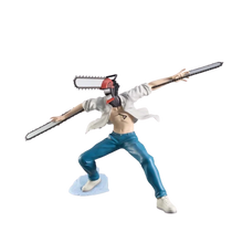 Collectible anime action figure with red head, white jacket, teal pants, holding chainsaw