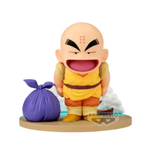 Krillin DXF History Box figure by Banpresto with purple pouch, open-mouthed pose on base