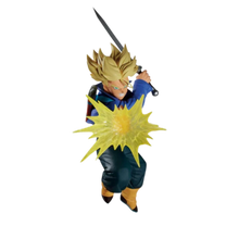 Banpresto anime action figure with blond spiky hair, blue outfit, sword, yellow aura burst