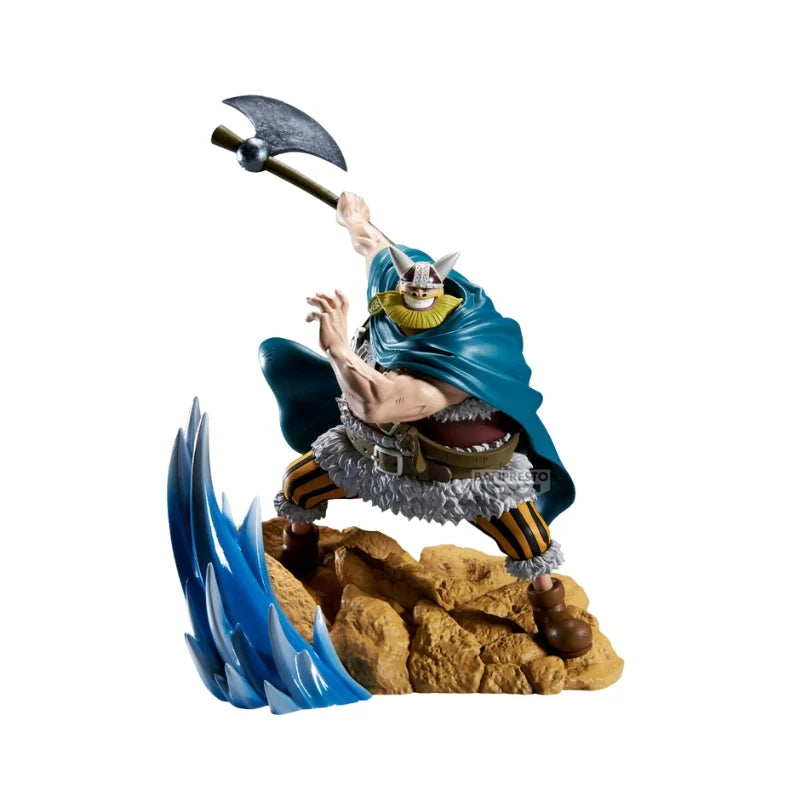 Banpresto anime action figure on rocky base, teal outfit, blue flame effects