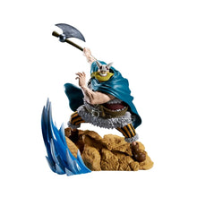 Banpresto anime action figure on rocky base, teal outfit, blue flame effects
