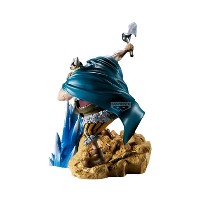 Banpresto anime action figure on rocky base, teal cape, blue flame effect pieces