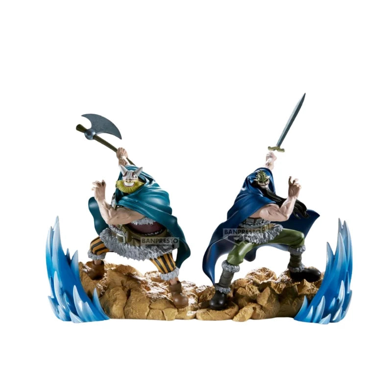 Banpresto anime action figure set on rocky base, teal and dark blue outfits, dual sword poses