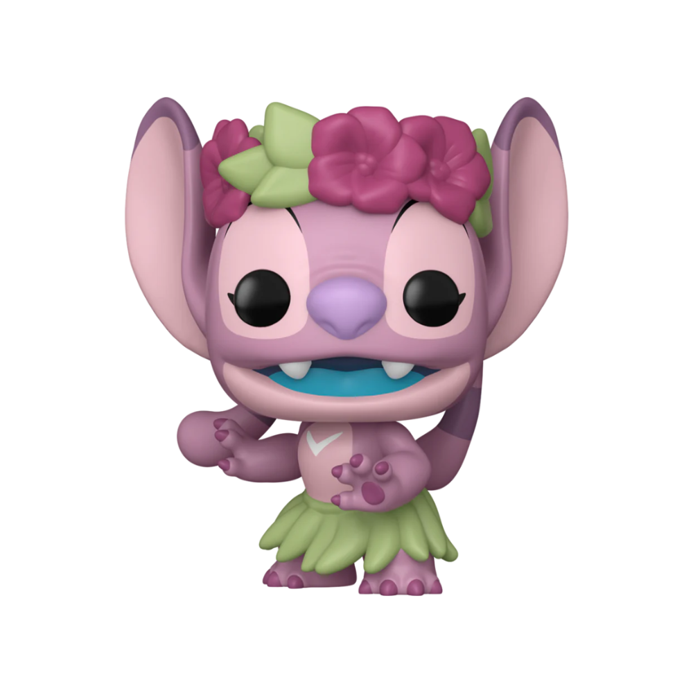 Luau Angel vinyl figure close-up with large ears, pink flower and green grass